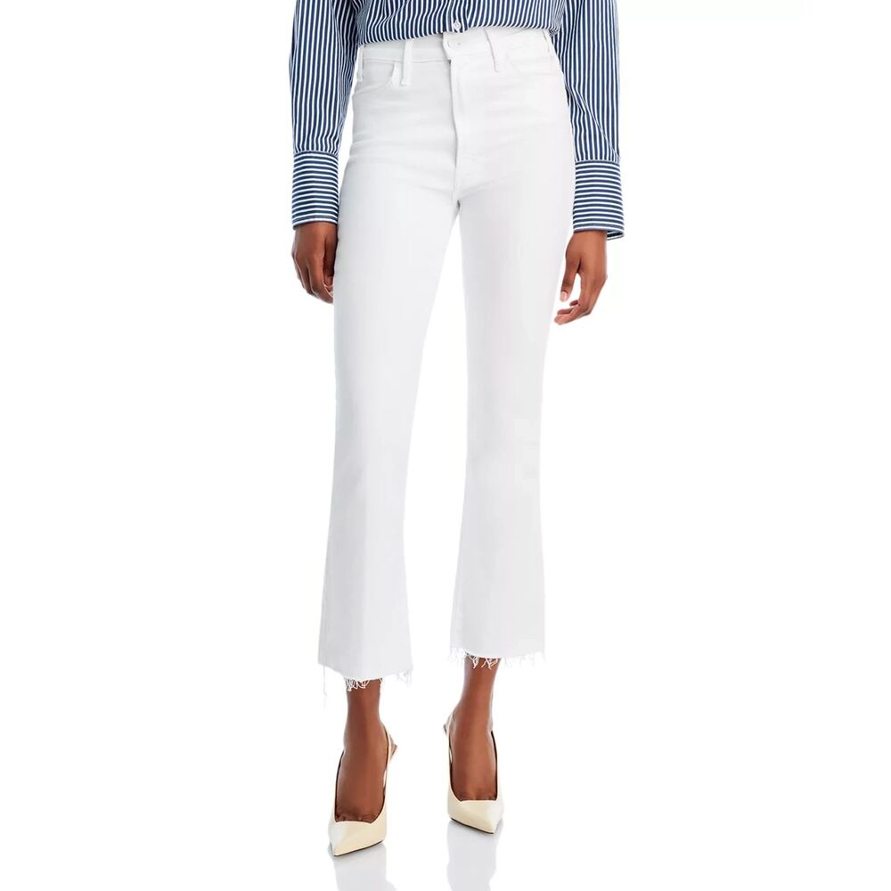 MOTHER Denim The Hustler Ankle Fray High Rise Flare White Size 25